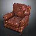Vintage Brown Leather Armchair With Worn Peeling Surface And Classic Design