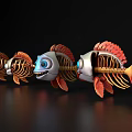 Cartoon Fish With Skeleton Structure Orange Silver Colors And Blue Eyes On Black Background