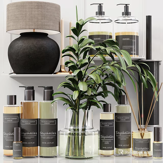 Stylish Perfume And Cosmetic Bottles Display With Plant And Diffusers 3d model