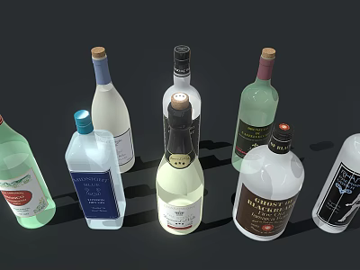 Various Ceramic Bottles with Different Colors and Labels and Unique Designs on 3d model