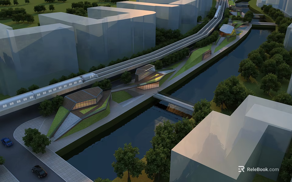 Modern Commercial Street With Railway Track River Green Spaces And Modern Buildings 3d model 