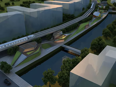 Modern Commercial Street With Railway Track River Green Spaces And Modern Buildings 3d model