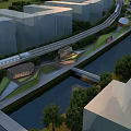 Modern Commercial Street With Railway Track River Green Spaces And Modern Buildings