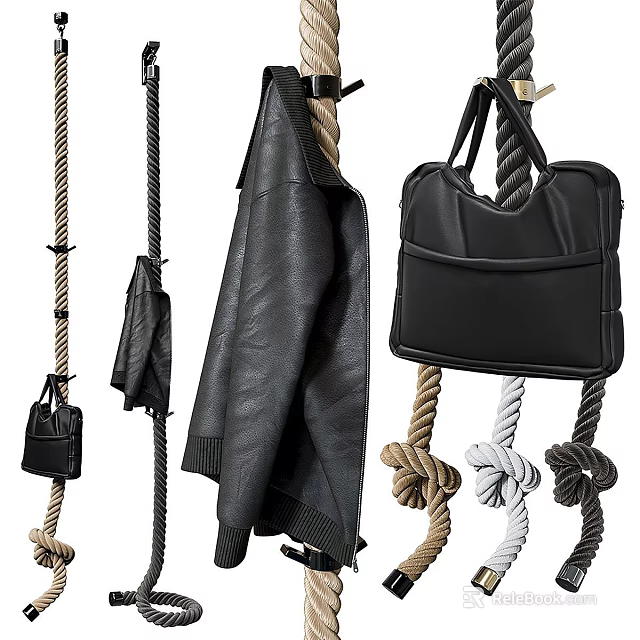 Stylish Clothes Hanger With Black Leather Jacket Black Handbag And Rope Knots 3d model 
