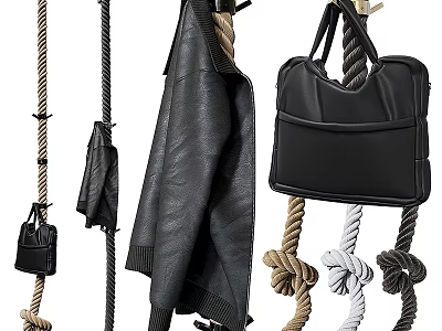 Stylish Clothes Hanger With Black Leather Jacket Black Handbag And Rope Knots 3d model