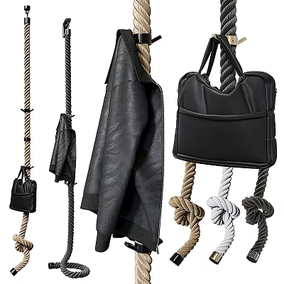 Stylish Clothes Hanger With Black Leather Jacket Black Handbag And Rope Knots 3d model