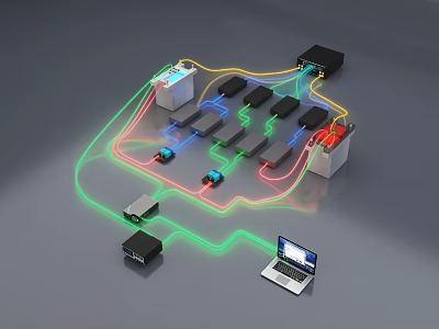 Industrial Equipment Intelligent Control System With Connected Modular Components And Monitoring Laptop 3d model