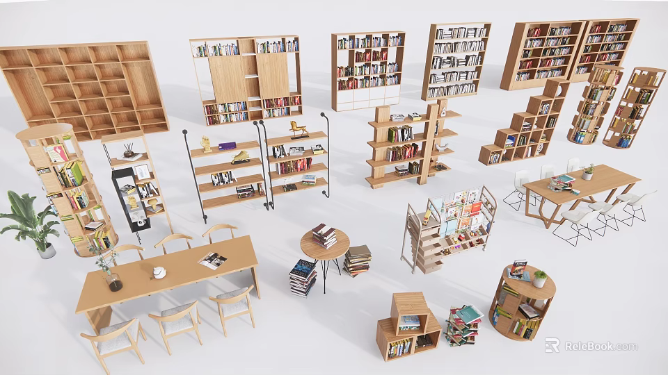 Various Bookcases With Open Shelves Multiple Layers Different Shapes And Home Furniture 3d model 