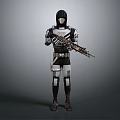 Game Movie Character Wearing Black And White Armor Holding Rifle In Standing Pose