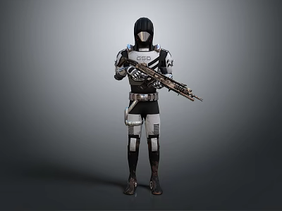 Game Movie Character Wearing Black And White Armor Holding Rifle In Standing Pose 3d model