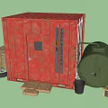Industrial Equipment Including Red Storage Container Green Oil Tank And Sandbags
