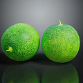 Two Fresh Green Melons With Netlike Texture And Small Stems On Black Reflective Surface
