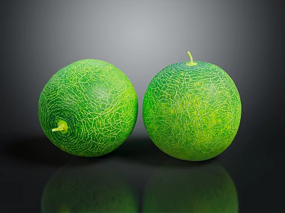 Two Fresh Green Melons With Netlike Texture And Small Stems On Black Reflective Surface 3d model