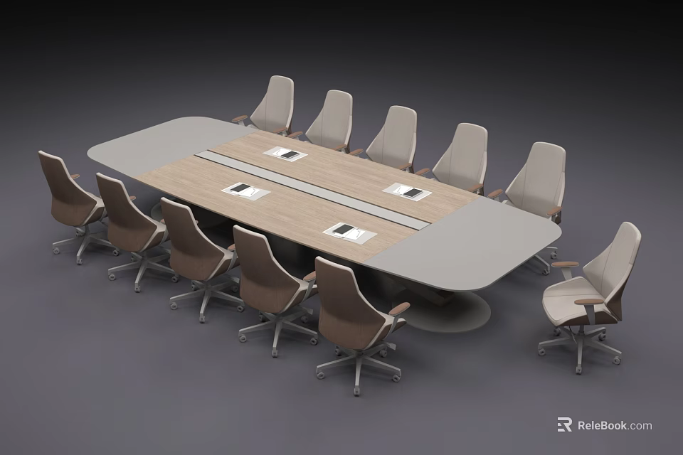 Modern Conference Table With Wooden Top Grey Edges And Rolling Office Chairs 3d model 