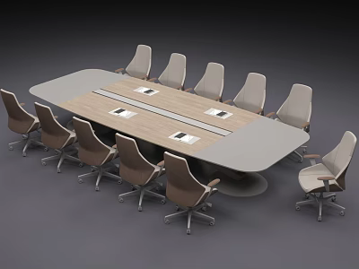 Modern Conference Table With Wooden Top Grey Edges And Rolling Office Chairs 3d model