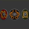 Multiple Colorful Wooden Shields With Metal Edges Sun Dragon Patterns