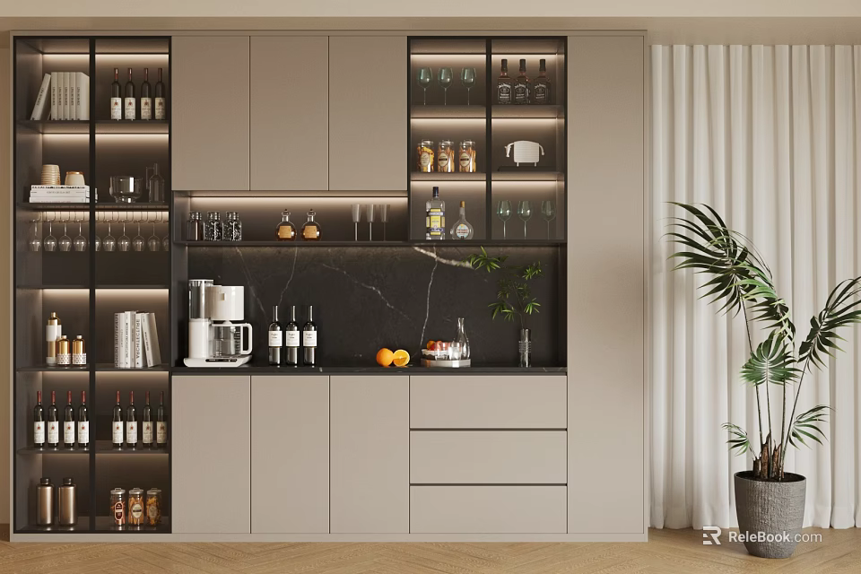Modern Gray Sideboard With Black Marble Top Coffee Machine Wine Bottles And Glass Door Shelves 3d model 