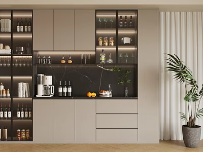 Modern Gray Sideboard With Black Marble Top Coffee Machine Wine Bottles And Glass Door Shelves 3d model