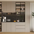 Modern Gray Sideboard With Black Marble Top Coffee Machine Wine Bottles And Glass Door Shelves
