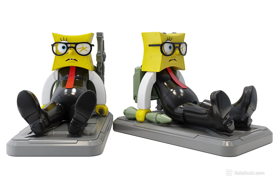 SpongeBob Like Dolls With Glasses In Black Outfits Lying On Gray Bases 3d model 