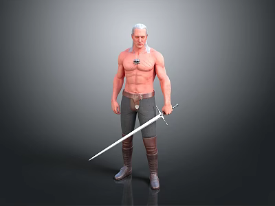 Shirtless Muscular Man With White Hair Holding Long Sword Wearing Pants And Boots 3d model