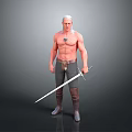 Shirtless Muscular Man With White Hair Holding Long Sword Wearing Pants And Boots 3d model