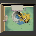 Cartoon Character Cleaning White Toilet With Toilet Paper In Bathroom Scene