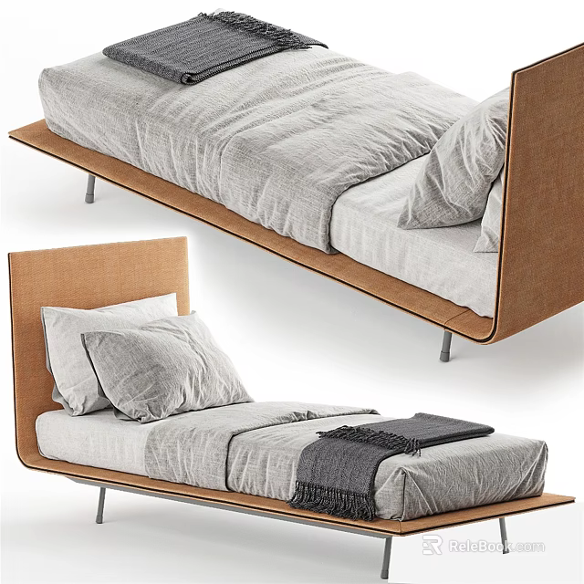Modern Single Bed With Wooden Headboard Gray Bedding And Metal Legs 3d model 