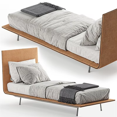 Modern Single Bed With Wooden Headboard Gray Bedding And Metal Legs 3d model