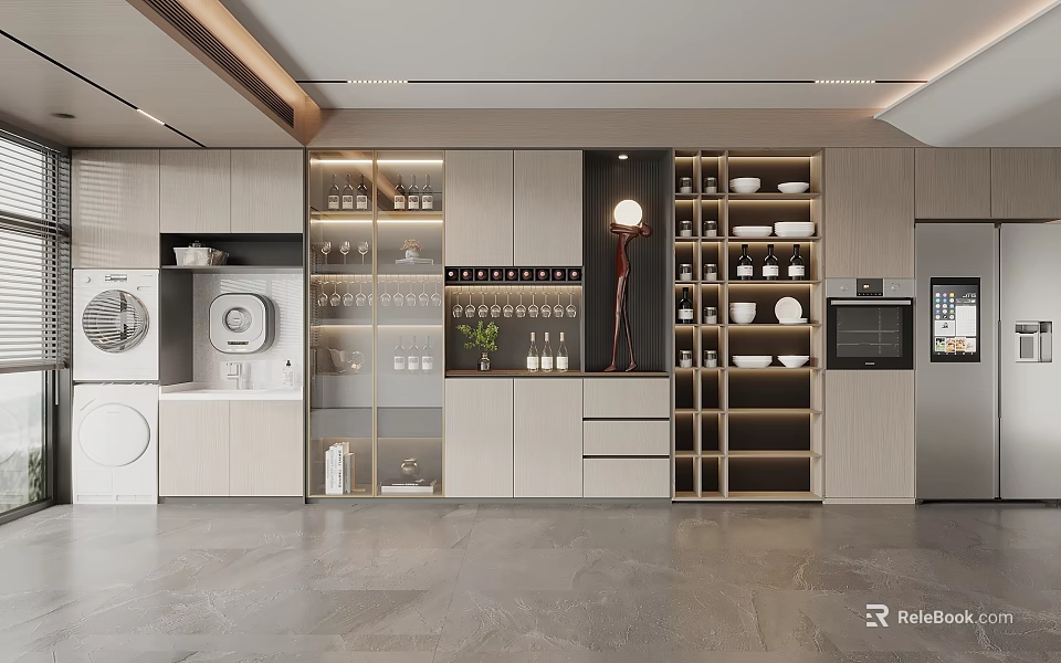 Modern Wine Cabinet In Open Kitchen With Glass Doors Wooden Cabinets And Interior Lighting Shelves 3d model 