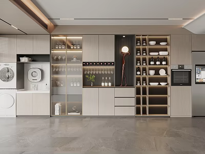 Modern Wine Cabinet In Open Kitchen With Glass Doors Wooden Cabinets And Interior Lighting Shelves 3d model