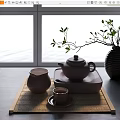 Elegant Tea Set with Teapot Teacup and Jar on Bamboo Mat by Window with Branch Vase