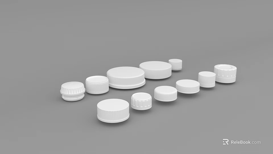 White Plastic Bottle Caps In Various Sizes And Designs On Gray Background 3d model