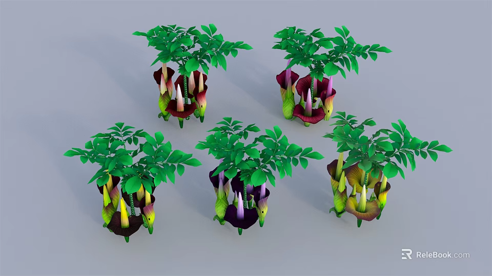 Colorful Flower Vases With Green Leaves And Purple Yellow Blooms For Home Decor 3d model 