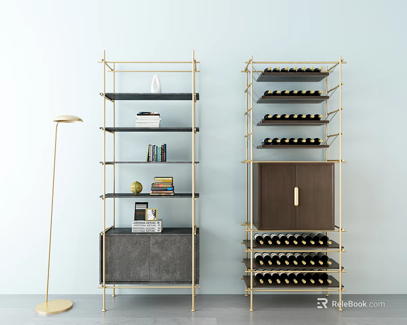 Modern Wine Cabinet With Gold Frame Wooden Door And Wine Bottle Racks 3d model 