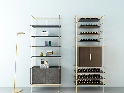 Modern Wine Cabinet With Gold Frame Wooden Door And Wine Bottle Racks 3d model