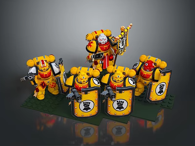 Lego Castle Architecture With Yellow Red Warriors Shields And Weapons Displayed 3d model