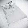 Modern Double Bed with Black Headboard White Pillows Beige Bedding in Wooden Floor Interior