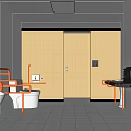 Public Restroom Interior With Wooden Cubicle Doors White Tiled Walls Orange Handrails And White Toilet