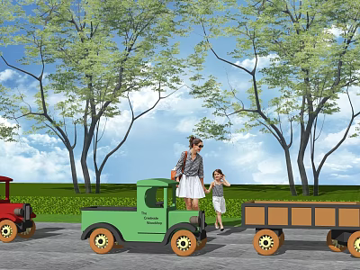 Green Utility Vehicle With Woman And Child Near Trees And Grass And Red Utility Vehicle 3d model