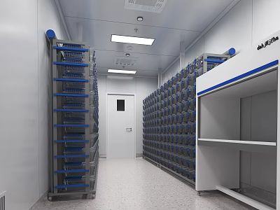 Organized Specialty Store Interior With Blue Shelves White Walls And Ceiling Lights 3d model