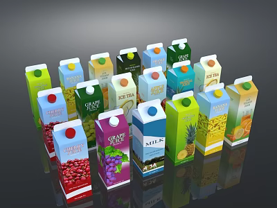 Different Types of Colorful Beverage Cartons Featuring Fruit and Milk Flavors 3d model