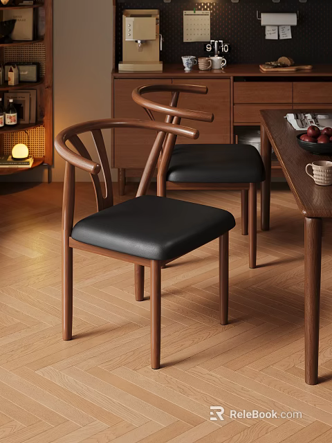 Wooden Dining Chairs With Curved Backrest And Black Leather Seats Near Table 3d model 