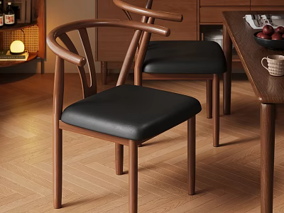 Wooden Dining Chairs With Curved Backrest And Black Leather Seats Near Table 3d model