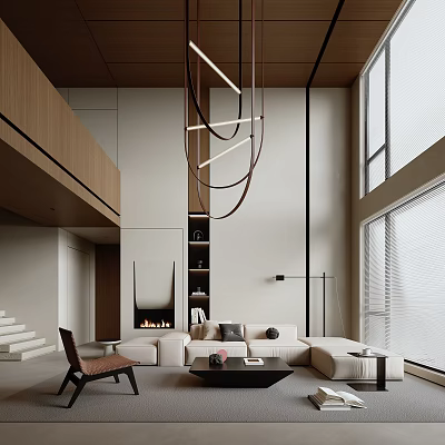 Modern Minimalist Loft Living Room With Sofa And Unique Chandelier 3d model