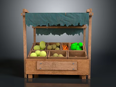 Cartoon Fruit Stand Scene With Wooden Structure Green Canopy And Fresh Lemons Apples Carrots 3d model