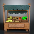 Cartoon Fruit Stand Scene With Wooden Structure Green Canopy And Fresh Lemons Apples Carrots