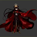 Anime Style Character Costume With Red Flowing Cape Ornate Hat And Decorative Staff
