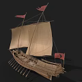 Ancient Wooden Sailboat With Beige Canvas Sails Red Flags And Oars