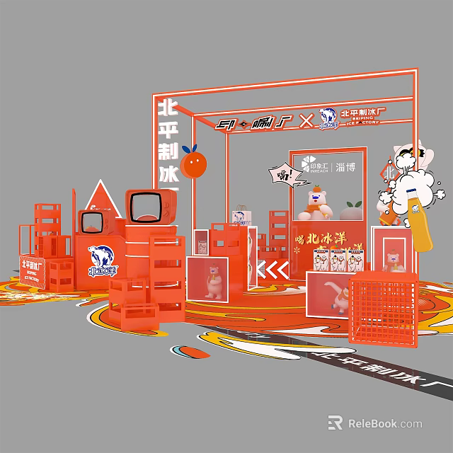 Beiping Ice Factory Exhibition Booth With Orange Decor And Cartoon Mascot Displays 3d model 